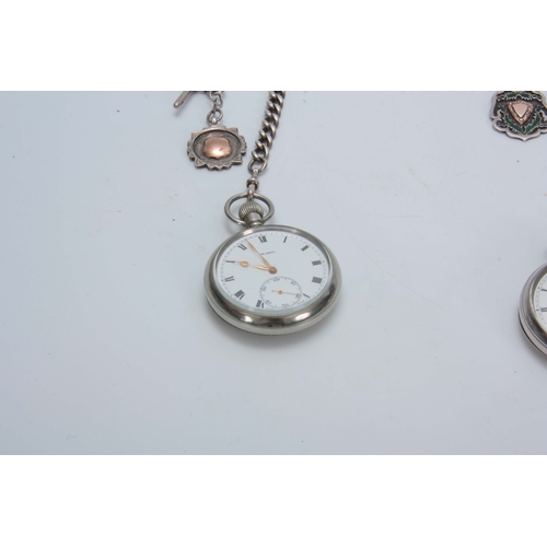 367 - A COLLECTION OF THREE POCKET WATCHED ON CHAINS a silver half hunter by J.W. Benson having an enamel ... 