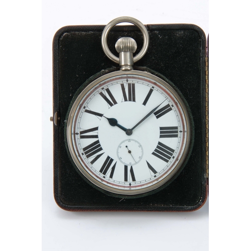 369 - AN EARLY 20th CENTURY GOLIATH POCKET WATCH IN MOROCCAN LEATHER CASE the nickel case enclosing a 3.5