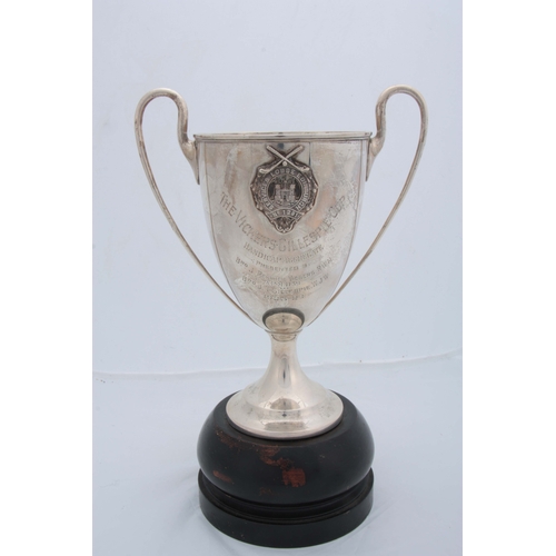 373 - A GEORGE V SILVER TWO HANDLED MASONIC PRESENTATION GOLF TROPHY bearing the badge of the 