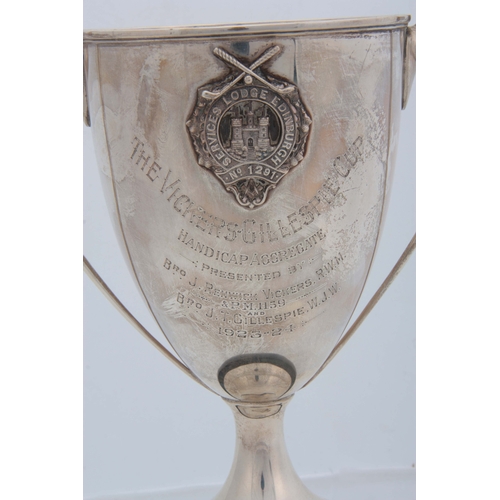 373 - A GEORGE V SILVER TWO HANDLED MASONIC PRESENTATION GOLF TROPHY bearing the badge of the 