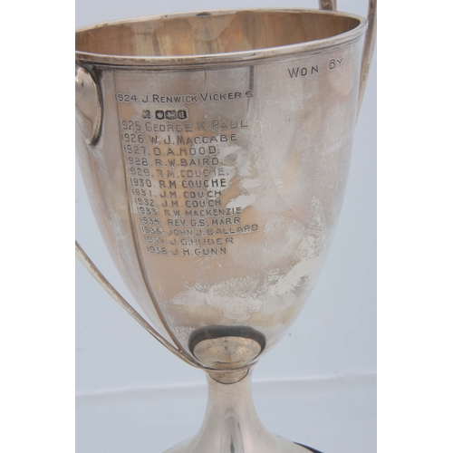 373 - A GEORGE V SILVER TWO HANDLED MASONIC PRESENTATION GOLF TROPHY bearing the badge of the 