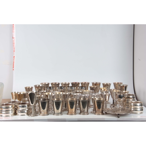 375 - A SET OF LATE 19TH CENTURY SILVER PLATE GOBLETS AND WINE COASTERS - 60 GOBLETS, 11 WINE COASTERS, SA... 