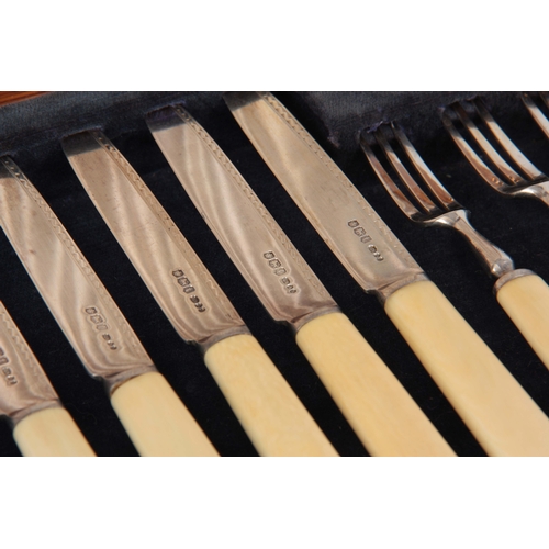 392 - A GEORGE VI OAK CASED SET OF SIX  SILVER FRUIT KNIVES AND SIX FORKS with ivorine handles. Sheffield1... 