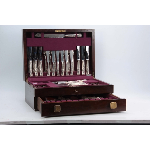 394 - A COMPREHENSIVE CASED TWELVE PIECE SETTING OF QUEENS PATTERN SILVER PLATED CUTLERY in fitted Mahogan... 