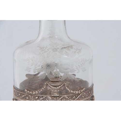 397 - A LATE 19th CENTURY CONTINENTAL SILVER AND ETCHED GLASS DECANTER WITH FIGURAL STOPPER of ovoid shape... 