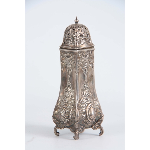 405 - A LATE 19TH CENTURY SILVER SUGAR CASTER hallmarked for Sheffield 1895 of quatrefoil shape with repos... 