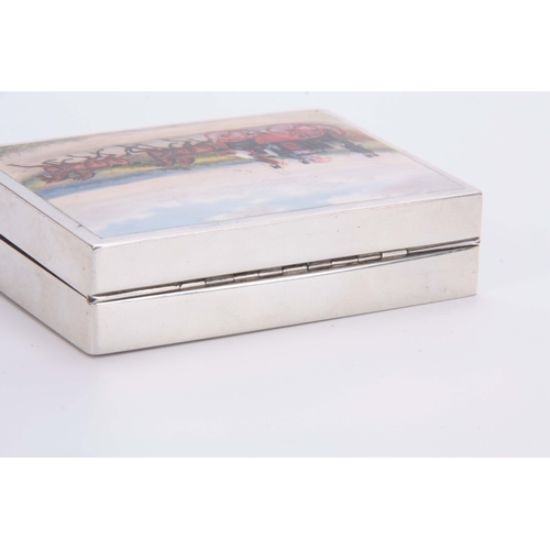 407 - A LATE 19th CENTURY SILVER AND ENAMEL BOX having an enamel coaching scene to the hinged lid opening ... 