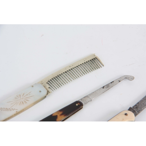 413 - A 19TH CENTURY COMB with engraved mother of pearl handle and silver comb, TOGETHER WITH A SURGEONS I... 