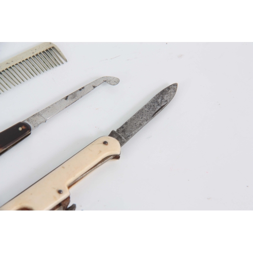 413 - A 19TH CENTURY COMB with engraved mother of pearl handle and silver comb, TOGETHER WITH A SURGEONS I... 