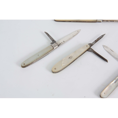 414 - A SELECTION OF FOUR 19TH CENTURY PENKNIVES WITH MOTHER OF PEARL HANDLES three having silver blades.