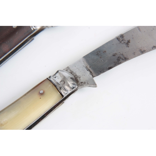 418 - TWO EARLY 20TH CENTURY PRUNING KNIVES both by W. Saynor, Sheffield having blonde horn and hardwood h... 