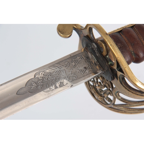 425 - A 19TH CENTURY BRITISH INFANTRY OFFICERS SWORD with etched Wilkinsons blade having a large single fu... 