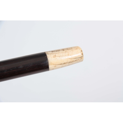 435 - A 19TH CENTURY IVORY AND ROSEWOOD WALKING CANE with shaped handle and silver hall-marked collar and ... 