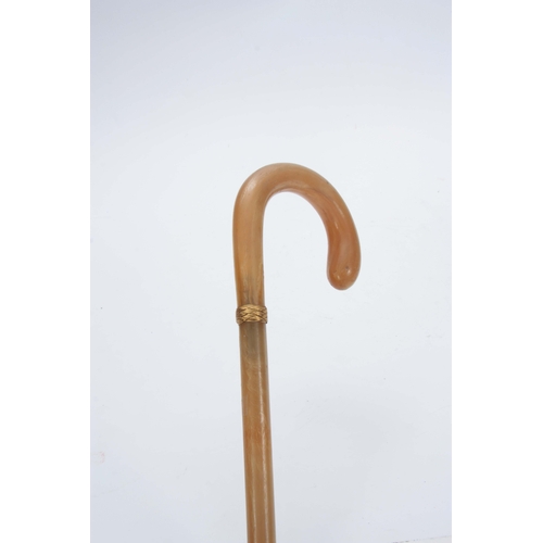 437 - A LATE 19TH / EARLY 20TH CENTURY POSSIBLY RHINO HORN WALKING STICK with curved handle and plaited gi... 