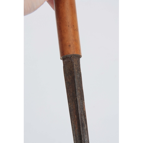 441 - A 19TH CENTURY MALACCA SWORD STICK with tapering cane and pressed brass coat of arms, having a trifo... 