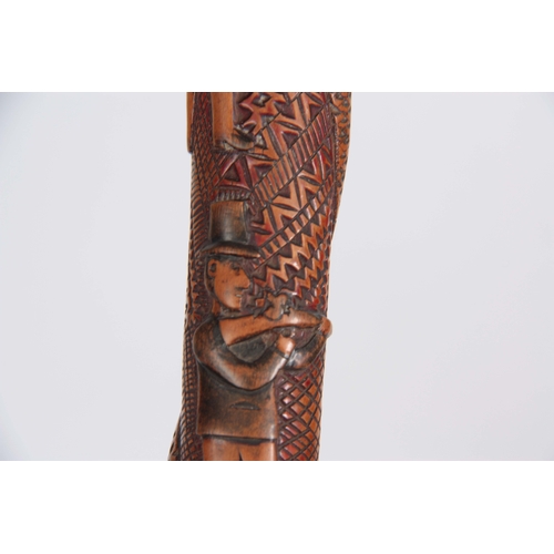 446 - A 19th CENTURY CARVED FRUITWOOD WALKING CANE decorated to the handle a carved snake with black glass... 