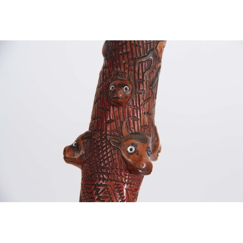 446 - A 19th CENTURY CARVED FRUITWOOD WALKING CANE decorated to the handle a carved snake with black glass... 