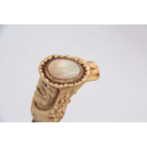 459 - A 19th CENTURY CARVED  STAGHORN HANDLED WALKING CANE modelled as a face with glass eyes, the top wit... 