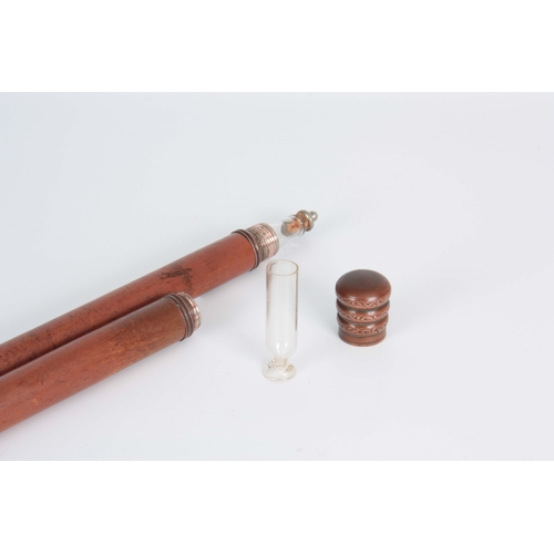 463 - A 19TH CENTURY STAINED BEECH AND COPPER MOUNTED DRINKING FLASK CANE having a glass flask in the body... 