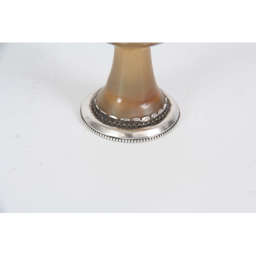 485 - AN 18th CENTURY SILVER MOUNTED CHALCEDONY STEM CUP of mushroom colour with light brown inclusions 6.... 