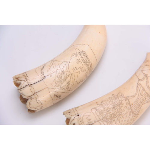 487 - A PAIR OF 19TH CENTURY ENGRAVED SCRIMSHAW WORK TUSKS depicting figure panels inscribed WALTER, DICK ... 