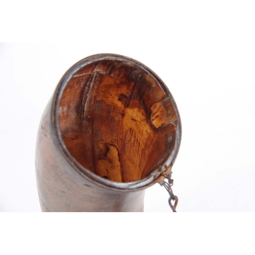 491 - AN 18th CENTURY SCRIMSHAW HORN FLASK with ironwork rims and engraved people, animals and flowers 24c... 