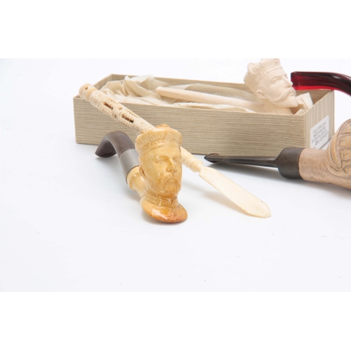 496 - A LARGE 19TH CENTURY MEERSCHAUM MASK HEAD PIPE TOGETHER WITH A COLLECTION OF TEN OTHER ORNAMENTAL PI... 