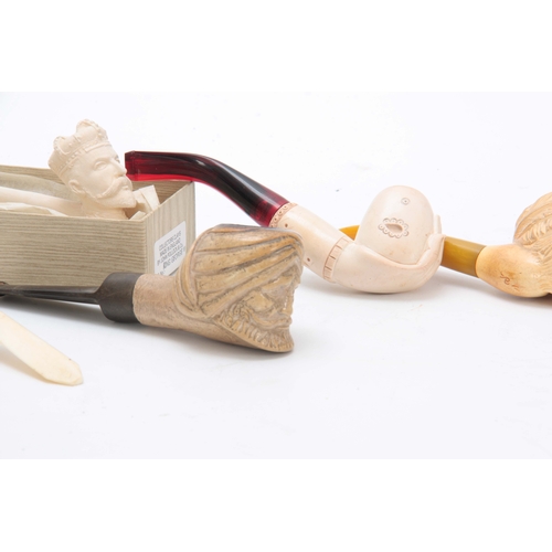 496 - A LARGE 19TH CENTURY MEERSCHAUM MASK HEAD PIPE TOGETHER WITH A COLLECTION OF TEN OTHER ORNAMENTAL PI... 