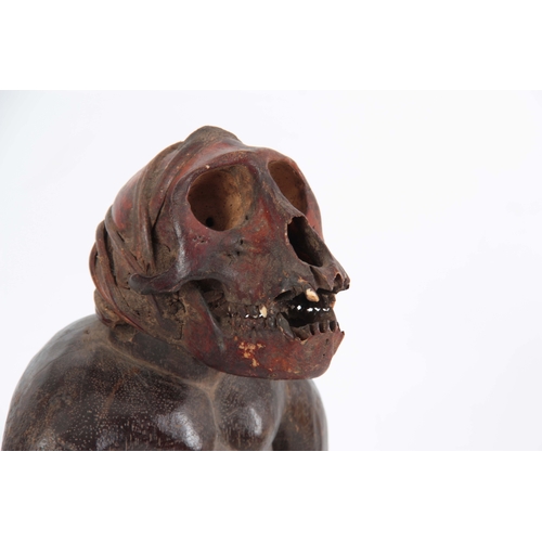 504 - A LATE 19TH CENTURY AFRICAN CARVED FIGURE with monkey skull head on stained wooden body - 39cm high