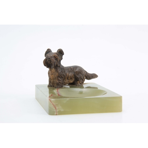 522 - AN EARLY 20th CENTURY AUSTRIAN COLD PAINTED BRONZE SCULPTURE modelled as a terrier mounted on onyx b... 