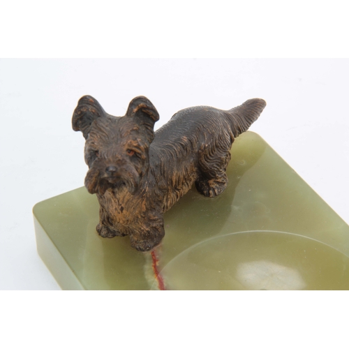 522 - AN EARLY 20th CENTURY AUSTRIAN COLD PAINTED BRONZE SCULPTURE modelled as a terrier mounted on onyx b... 