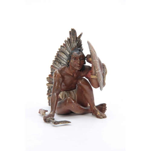 540 - FRANZ BERGMAN A LATE 19TH CENTURY AUSTRIAN COLD PAINTED BRONZE FIGURE of a seated red Indian with ax... 