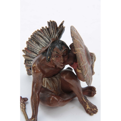 540 - FRANZ BERGMAN A LATE 19TH CENTURY AUSTRIAN COLD PAINTED BRONZE FIGURE of a seated red Indian with ax... 