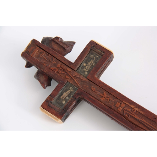 547 - A 16TH/17TH CENTURY ITALIAN FINELY CARVED WALNUT RELIQUARY CROSS WITH BONE TIPPED EDGES the high rel... 