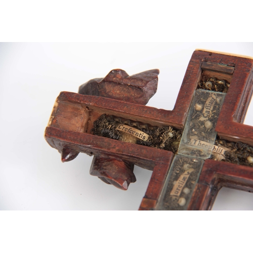 547 - A 16TH/17TH CENTURY ITALIAN FINELY CARVED WALNUT RELIQUARY CROSS WITH BONE TIPPED EDGES the high rel... 