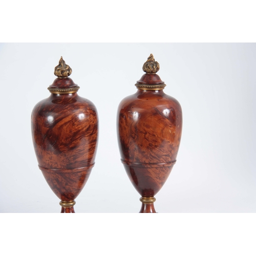 551 - A FINE PAIR OF 19TH CENTURY BURR YEW-WOOD ORMOLU MOUNTED URNS with flame finials and bulbous ringed ... 