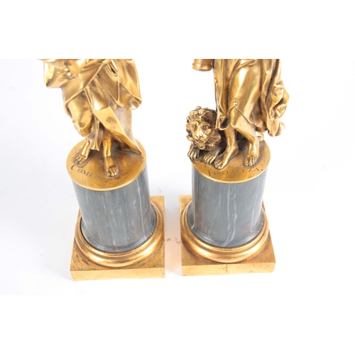 556 - A PAIR OF 19TH CENTURY ITALIAN GRAND TOUR GILT BRONZE STATUES OF COMEDIA AND FORTALEZA mounted on ci... 