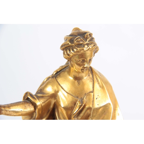 556 - A PAIR OF 19TH CENTURY ITALIAN GRAND TOUR GILT BRONZE STATUES OF COMEDIA AND FORTALEZA mounted on ci... 