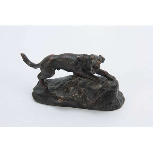 558 - AFTER LOUIS THEOPHILE HINGRE. A LATE 19th CENTURY PATINATED BRONZE SCULPTURE modelled as a running g... 