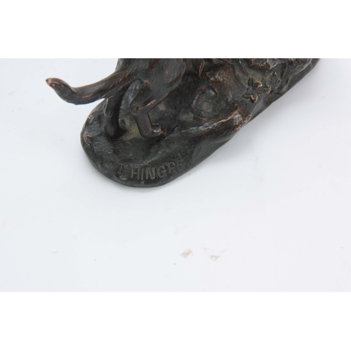 558 - AFTER LOUIS THEOPHILE HINGRE. A LATE 19th CENTURY PATINATED BRONZE SCULPTURE modelled as a running g... 