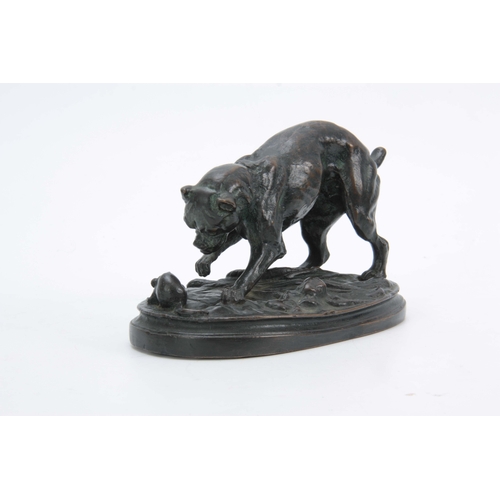 563 - AFTER ANTOINE LOUIS BARYE. LATE 19th CENTURY PATINATED BRONZE SCULPTURE modelled as a dog and mouse,... 