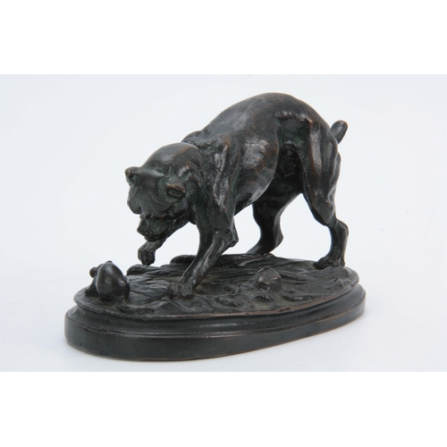 563 - AFTER ANTOINE LOUIS BARYE. LATE 19th CENTURY PATINATED BRONZE SCULPTURE modelled as a dog and mouse,... 