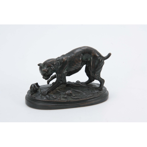 563 - AFTER ANTOINE LOUIS BARYE. LATE 19th CENTURY PATINATED BRONZE SCULPTURE modelled as a dog and mouse,... 