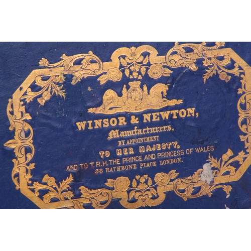 568 - A 19TH CENTURY WINSOR & NEWTON MAHOGANY ARTIST BOX with fitted interior and labelled shallow lif... 