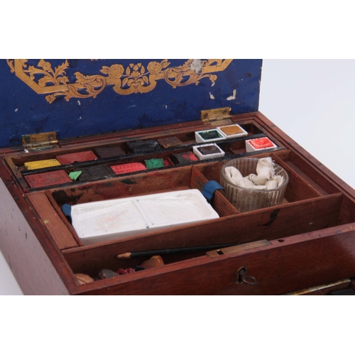 568 - A 19TH CENTURY WINSOR & NEWTON MAHOGANY ARTIST BOX with fitted interior and labelled shallow lif... 