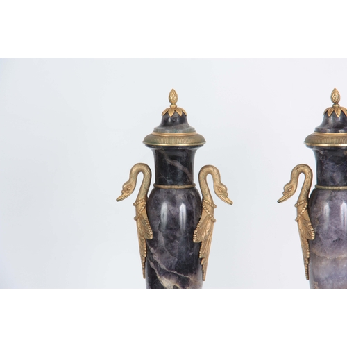 569 - A FINE PAIR OF 19TH CENTURY FRENCH ORMOLU MOUNTED BLUE JOHN CASOLETTES the slender tapering shoulder... 