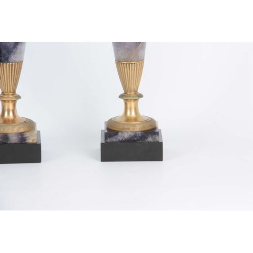 569 - A FINE PAIR OF 19TH CENTURY FRENCH ORMOLU MOUNTED BLUE JOHN CASOLETTES the slender tapering shoulder... 