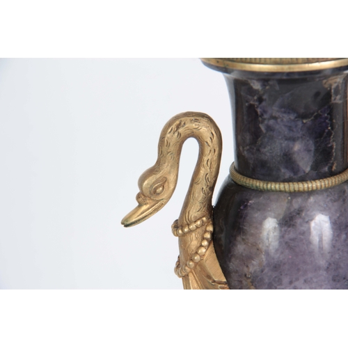 569 - A FINE PAIR OF 19TH CENTURY FRENCH ORMOLU MOUNTED BLUE JOHN CASOLETTES the slender tapering shoulder... 