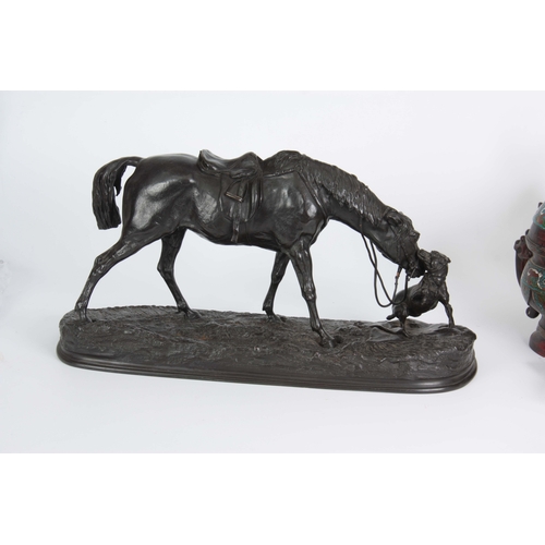 570 - PIERRE JULES MENE. A LARGE LATE 19th CENTURY BRONZE SCULPTURE modelled as a horse and hound on natur... 