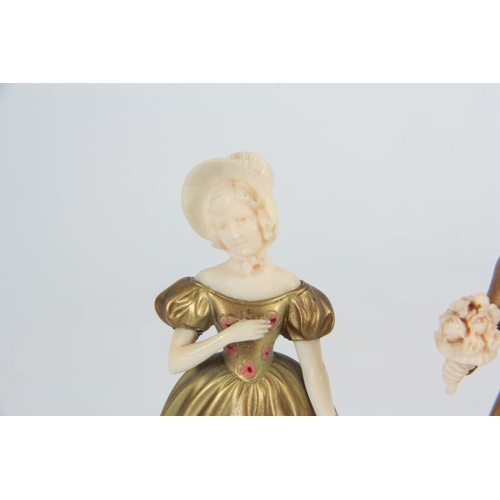 573 - FERDINAND PREISS (1882-1943). AN EARLY 20TH CENTURY PAIR OF SMALL IVORY AND PAINTED BRONZE SCULPTURE... 